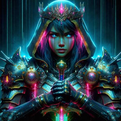 The primary subject of the image is a woman wearing a hooded robe and holding a sword. She appears to be a warrior or a character from a fantasy world. The setting is a futuristic environment, with a backdrop of neon lights and a colorful, digital art style. The visual style is a combination of photo and digital art, creating a unique and vibrant atmosphere. The colors and mood of the image are predominantly pink and blue, giving it a dreamy and surreal